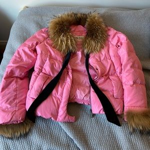 Pink miu miu puffer jacket with fox fur